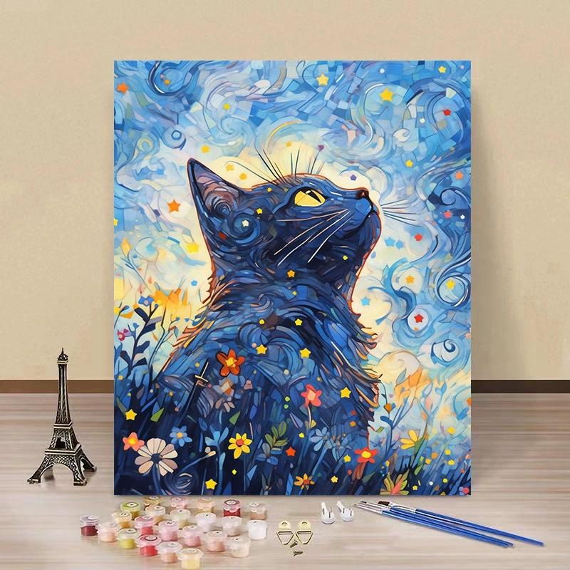 Starry Sky Cat DIY Digital Oil Painting, Abstract Paint By Number For Adults, Halloween Paint By Numbers for Gift Home Wall Decor (G4) - Image 5